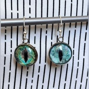Green/Blue Mythical Creature Cat Eye Silver Drop Earrings